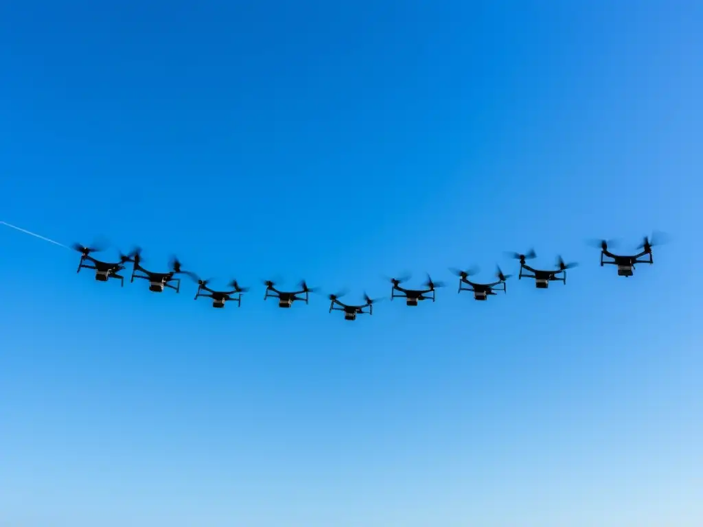 Impacto tecnológico de los drones: imagen 8k de drones suspendidos en el cielo azul, representando su influencia en la sociedad