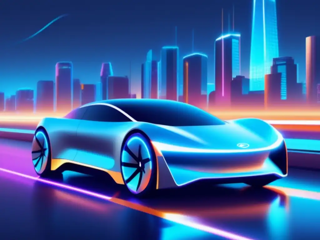 Beneficios ambientales del automóvil eléctrico: Diseño futurista con vehículo eléctrico, ciudad iluminada y estaciones de carga