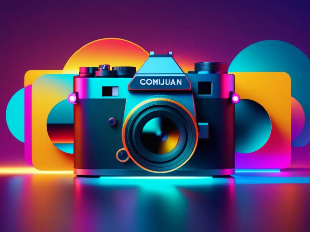 Historia de la fotografía eléctrica: imagen impresionante con cámaras icónicas en formas minimalistas, vibrantes colores y detalles meticulosos