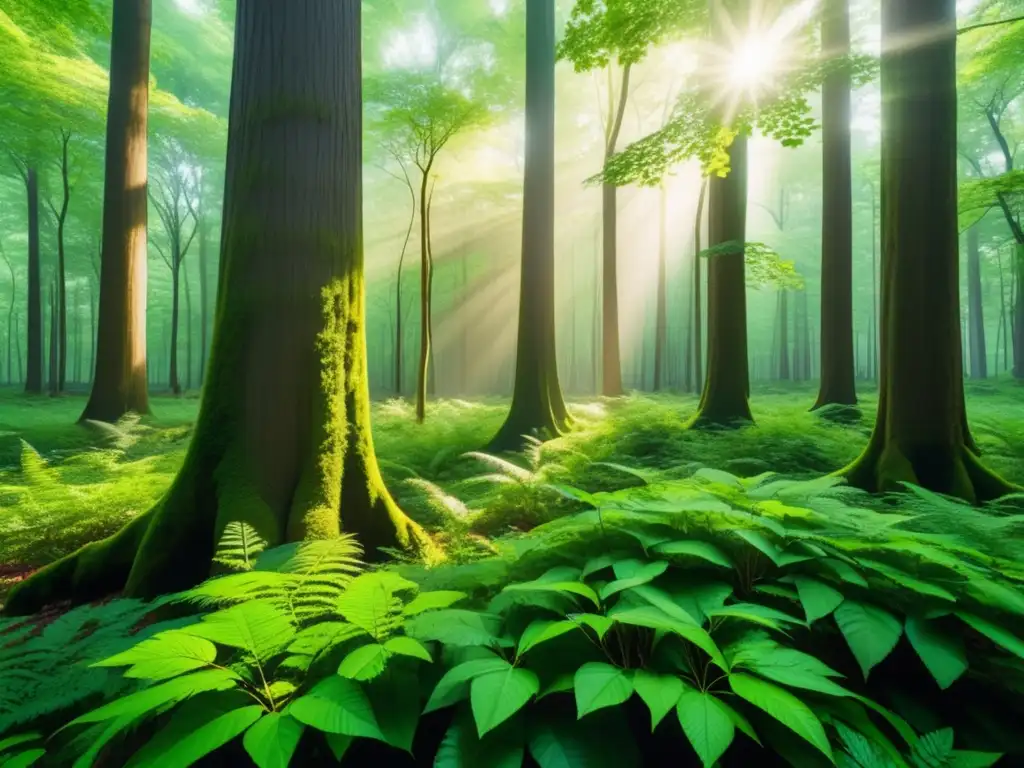 Imagen de bosque denso con árboles altos y luz suave filtrándose a través del dosel verde