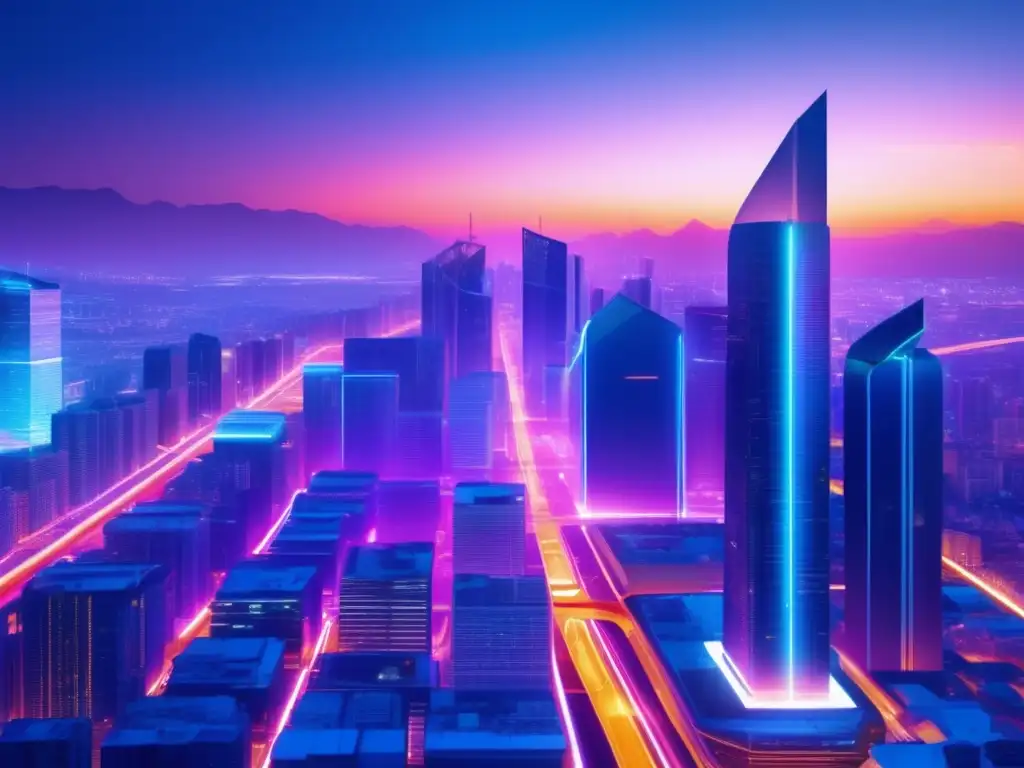 Beneficios del blockchain en transporte: Futurista ciudad con rascacielos iluminados por luces de neón, vehículo autónomo con símbolos blockchain