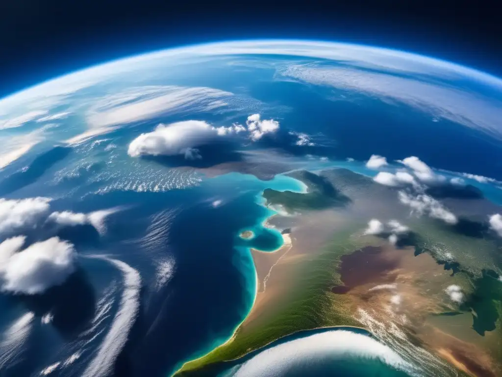 Vista impresionante de la Tierra desde el espacio Imagen impactante de la Tierra desde el espacio, muestra detalles de superficie, océanos, continentes, y capas atmosféricas