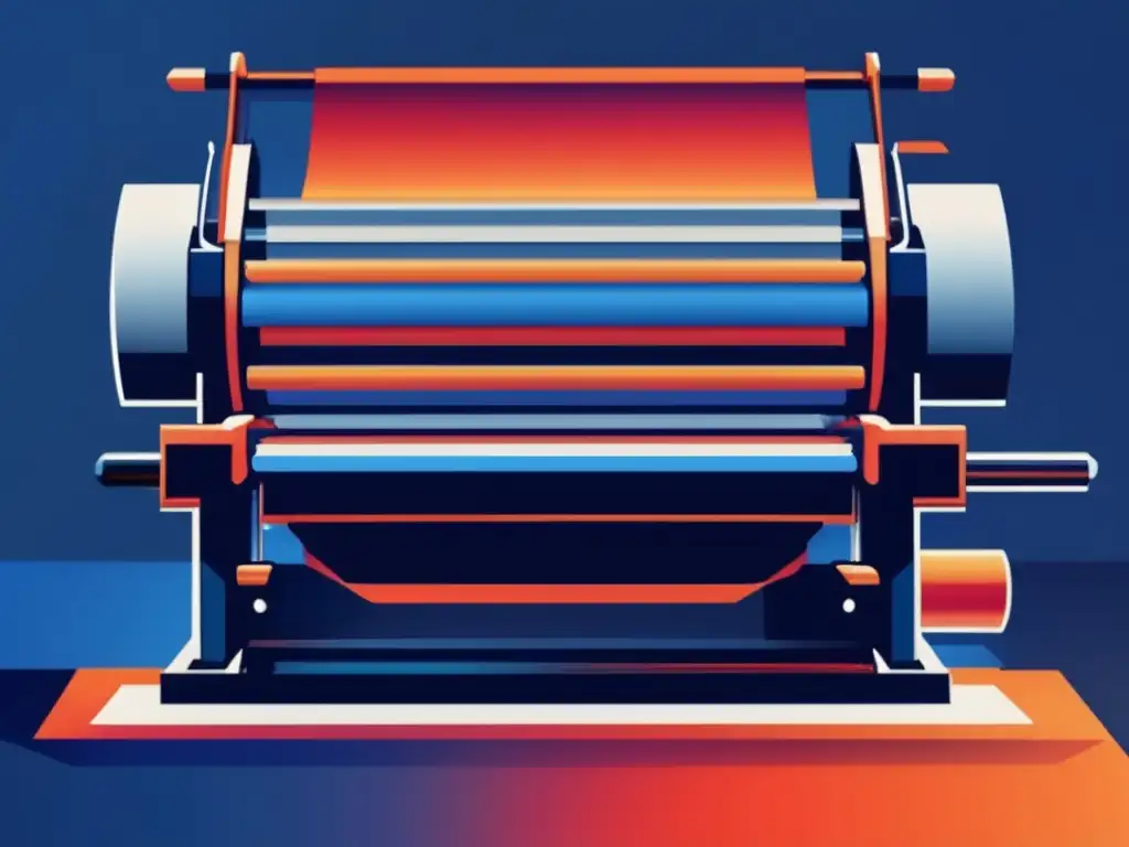 Imprenta democratización conocimiento: imagen abstracta minimalista representa la importancia de la imprenta, colores vibrantes, detalles mecánicos