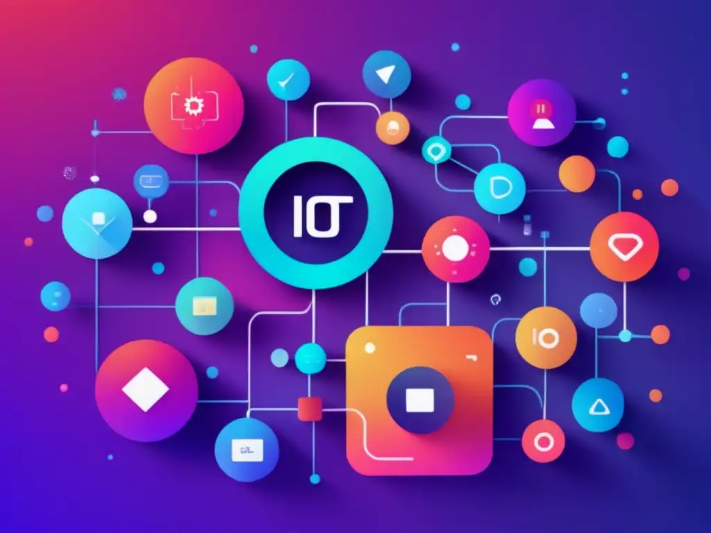 Impacto IoT: Imagen 8K minimalista y abstracta muestra red de dispositivos conectados con formas geométricas simétricas y colores vibrantes