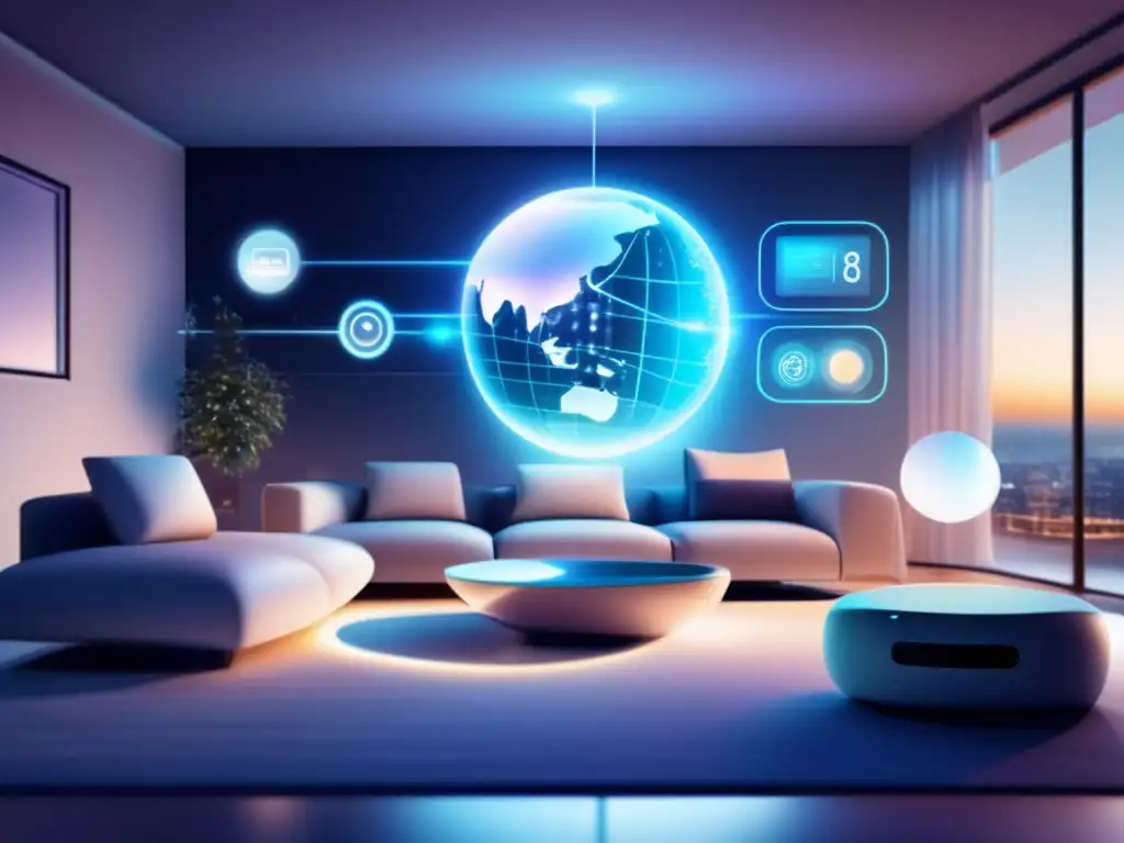 Impacto de IoT: sala minimalista y abstracta con dispositivos interconectados y una esfera transparente que representa la conectividad de IoT