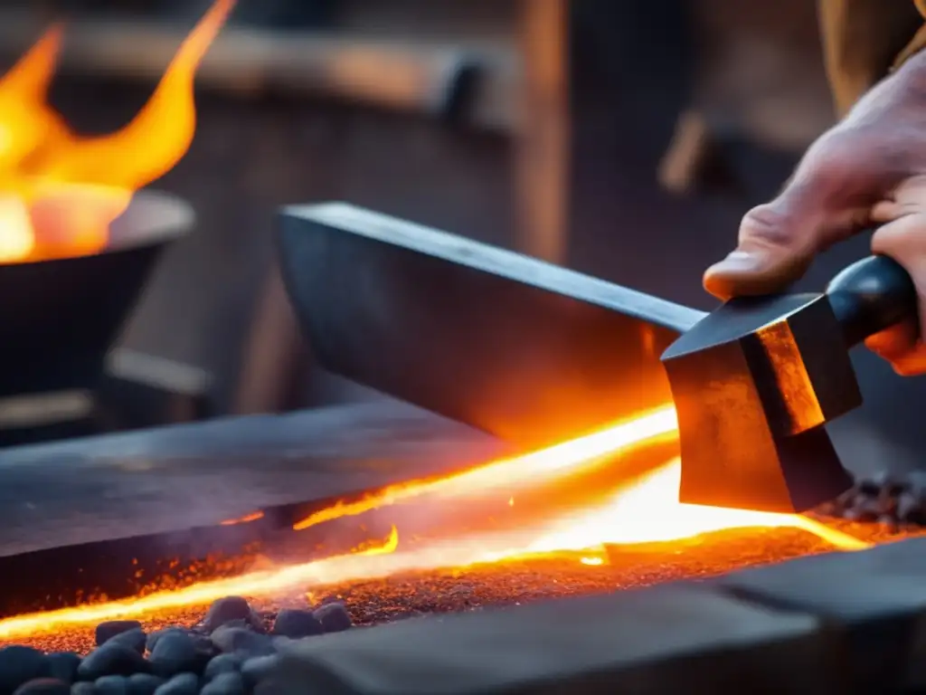 Desarrollo de herramientas de metal en un taller de herrero: forja, calor intenso, martillo y herramientas