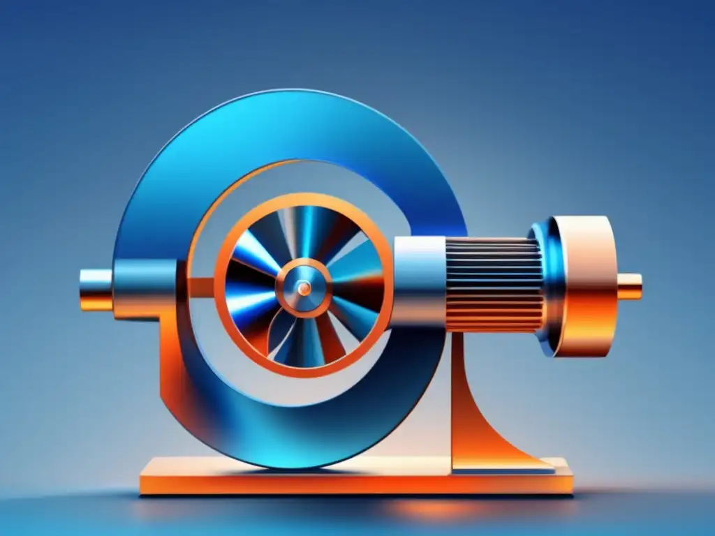 Diseño minimalista de un motor de Stirling en movimiento, con componentes clave y gradiente de colores representando el ciclo de temperatura