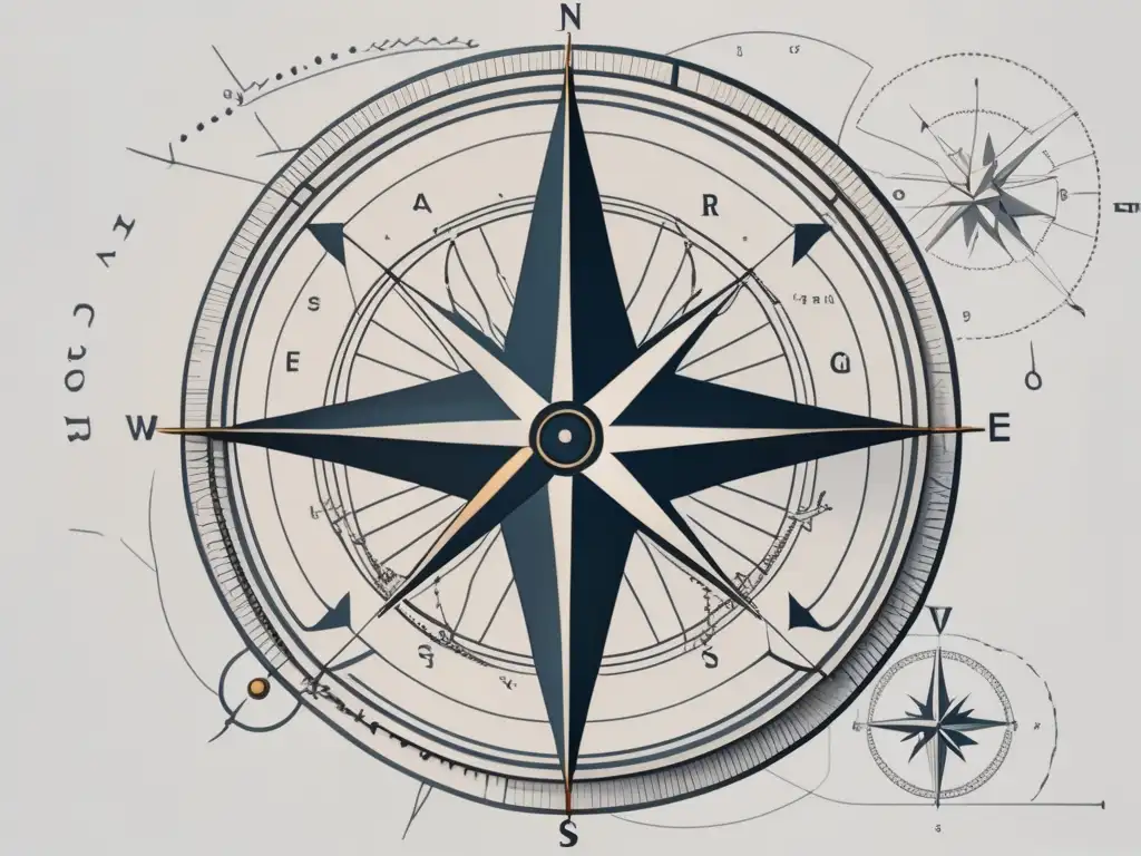 Herramientas de navegación antiguas: Detallada imagen en blanco y negro de instrumentos de navegación, como brújula, sextante, mapa y timón de barco