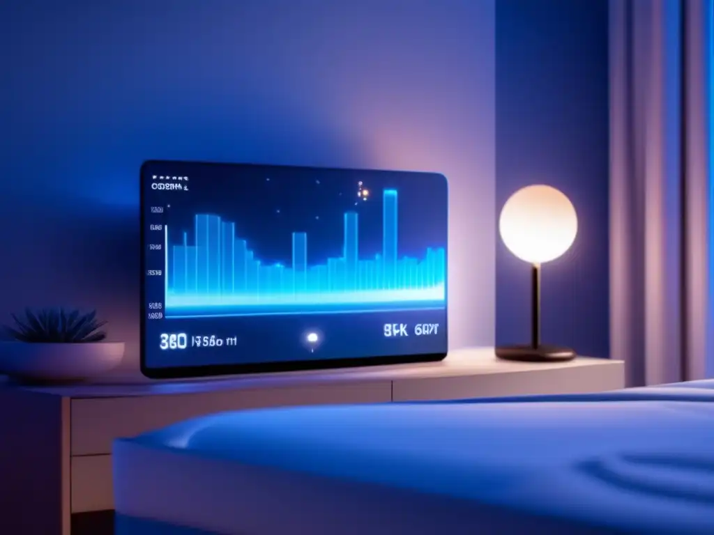 Impacto dispositivos digitales en el sueño: Dormitorio nocturno en 8k con luz azul suave de un dispositivo digital en la mesa de noche, mostrando gráfico abstracto de ciclo de sueño y niveles de melatonina y cortisol