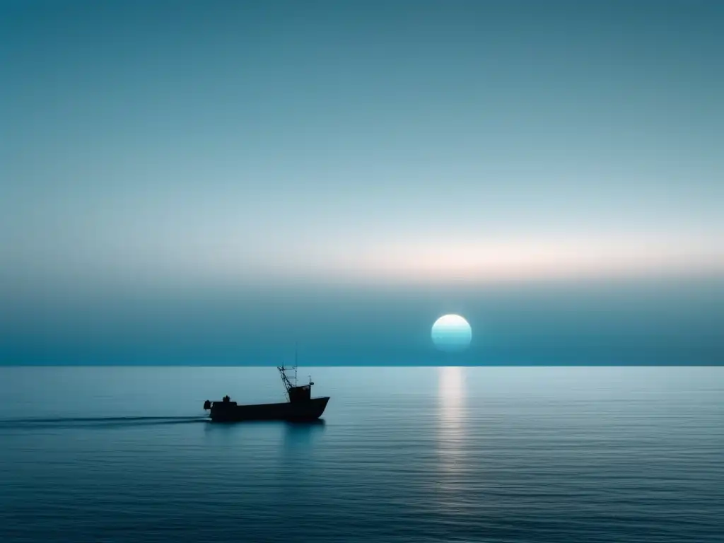 Impacto tecnología pesquera: barco solitario en el océano, colores serenos y sutiles, historia y tranquilidad