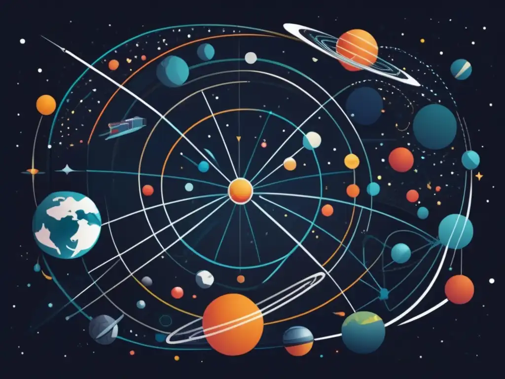 Importancia satélites defensa seguridad nacional: Red de satélites en órbita terrestre, representación abstracta y detallada