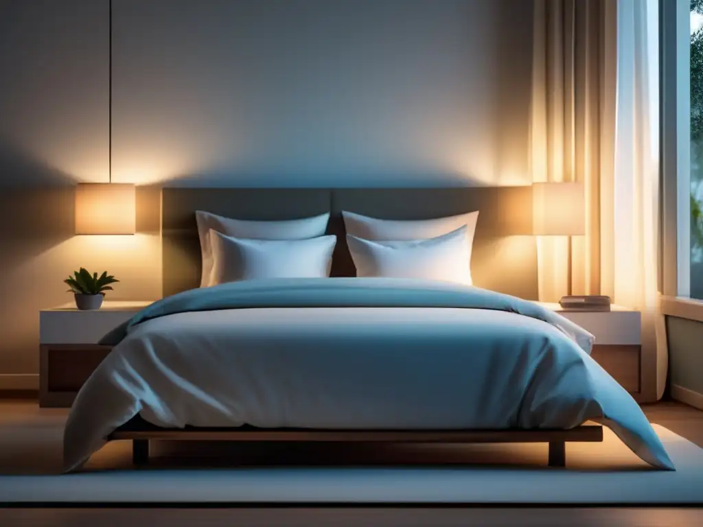 Impacto dispositivos digitales en sueño: Habitación minimalista con cama hecha, luz suave y reloj indicando tarde