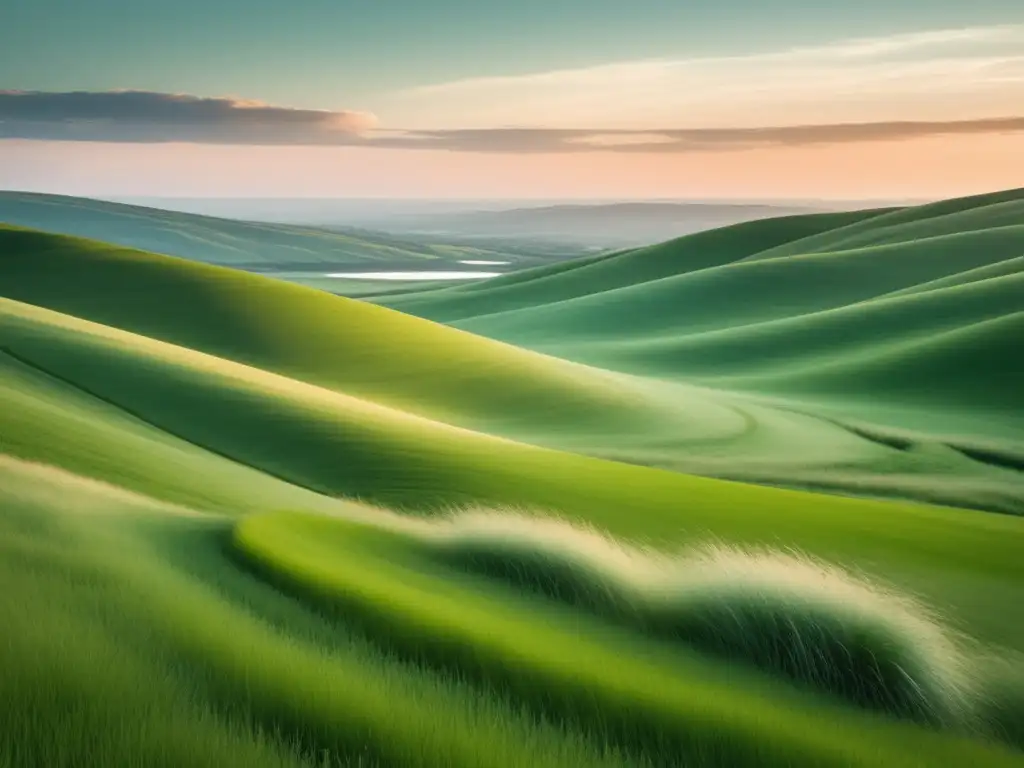 Paisaje sereno con colinas verdes y río tranquilo al atardecer