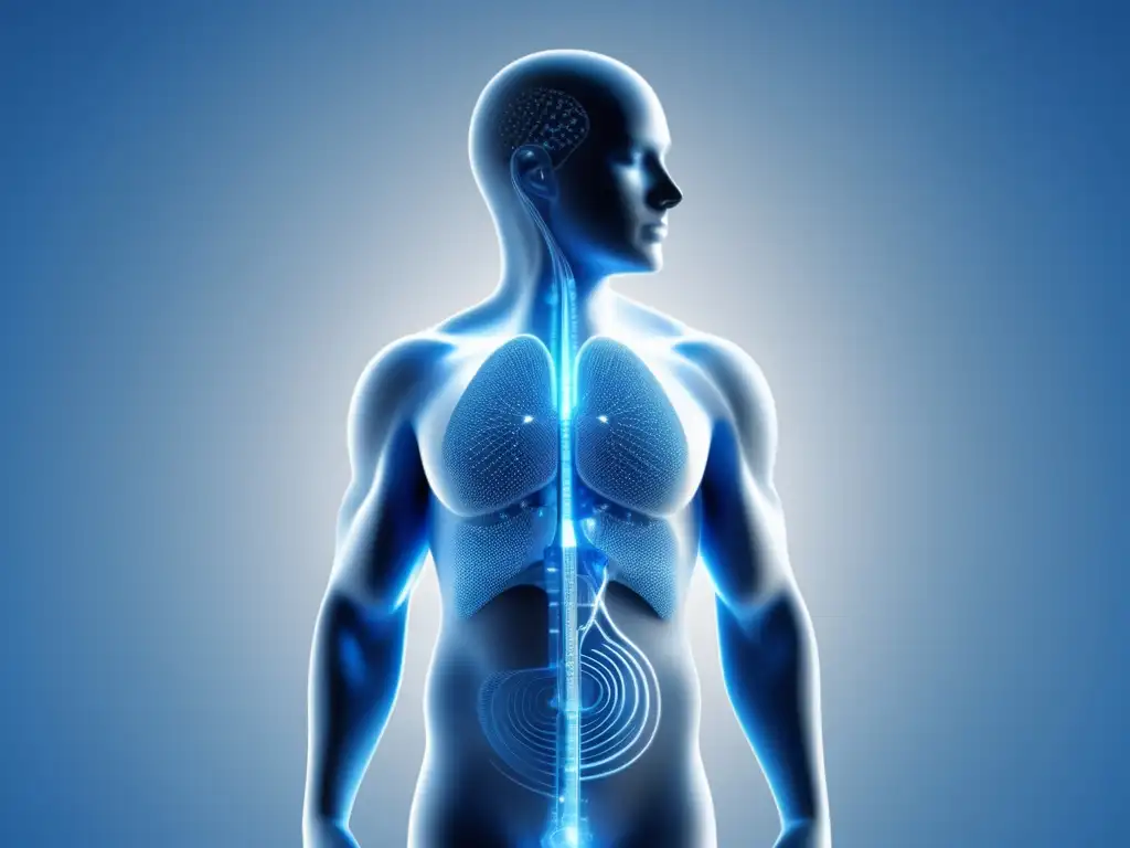 Importancia de la bioingeniería en medicina forense: imagen 8k minimalista del cuerpo humano en tonos azules y blancos con elementos tecnológicos y patrones circuíticos