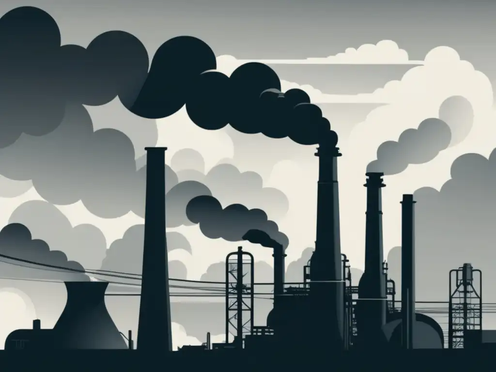 Impacto Revolución Industrial: Ilustración minimalista del poder y consecuencias ambientales de la era industrial