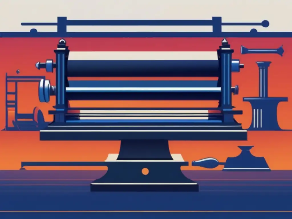 Impacto de la imprenta en la evolución tecnológica: imagen 8K de la Revolución Científica y el Renacimiento, con una representación abstracta de una prensa rodeada de conocimiento y progreso