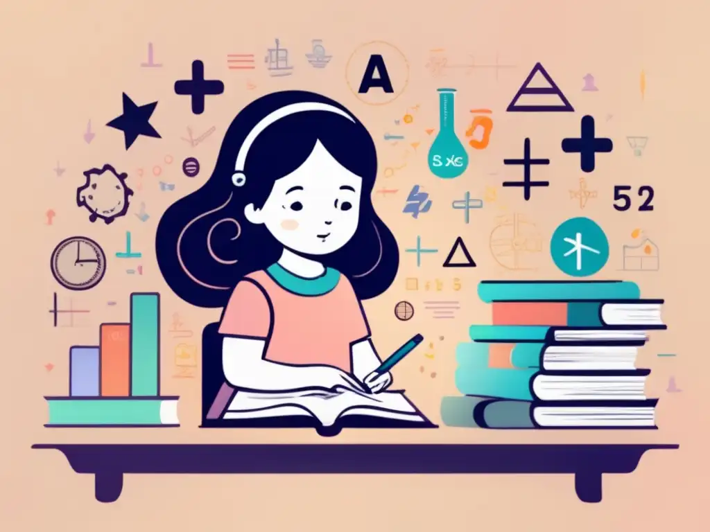 Niña en escritorio con libros y símbolos matemáticos, representando la infancia y educación de Ada Lovelace