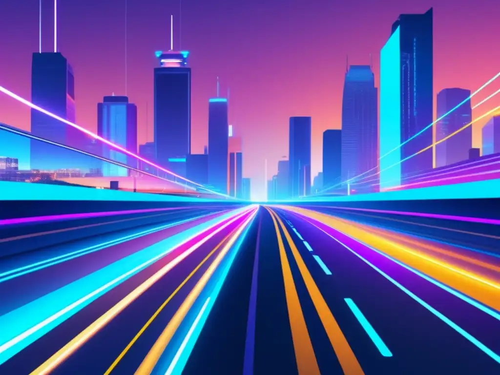 Avances tecnológicos en infraestructura transporte: Futurista ciudad con carreteras interconectadas y vibrantes colores neon