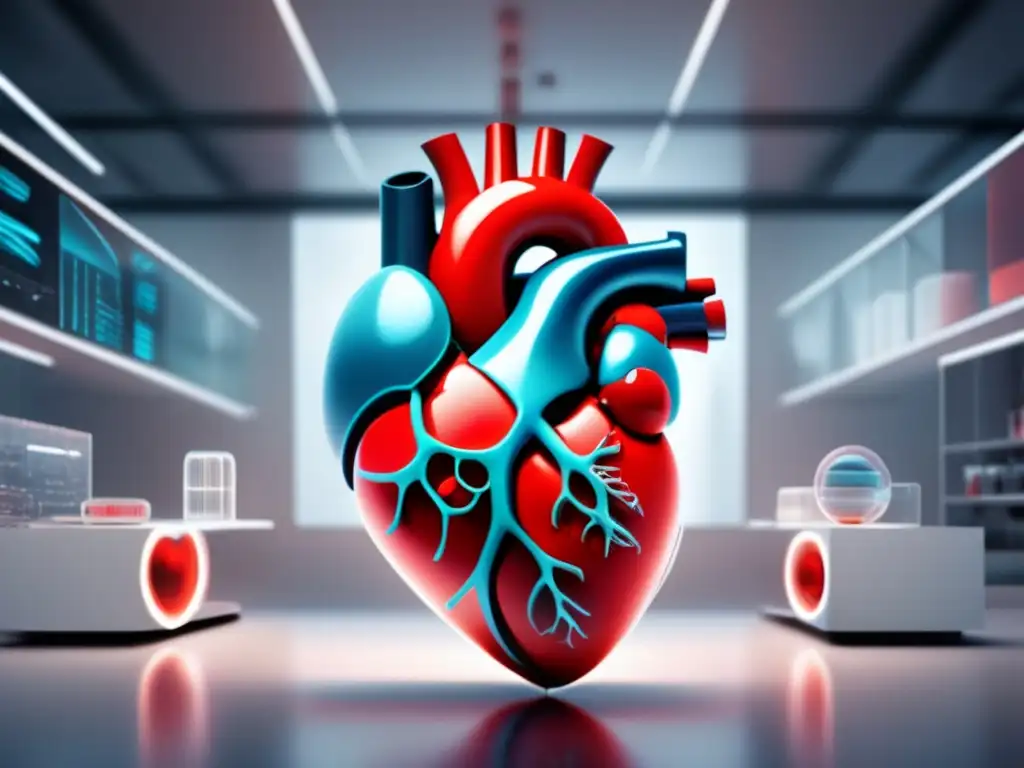 Herramientas bioingeniería para enfermedades cardiovasculares en una imagen 8k detallada de un entorno de laboratorio blanco futurista con un modelo de corazón flotante transparente rodeado de patrones azules vibrantes que representan la interconexión de herramientas bioingeniería y su impacto en la salud cardiovascular