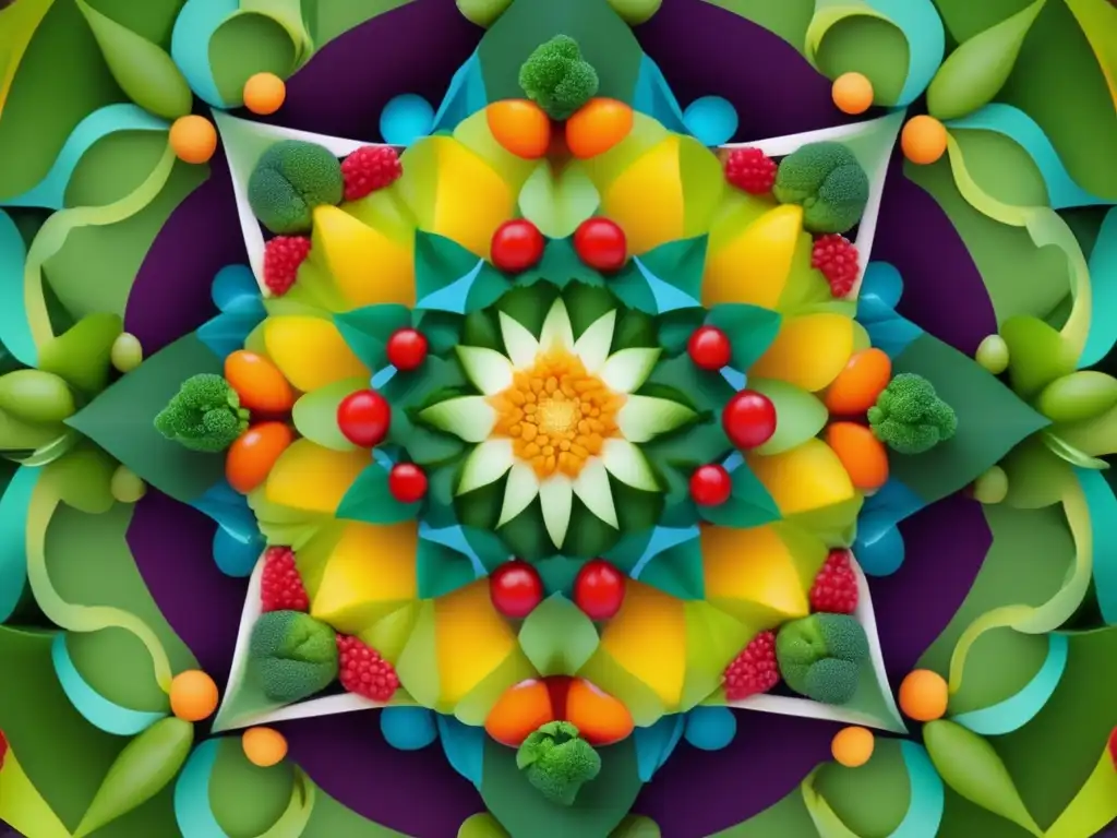 Tecnología alimentaria en Asia y Oceanía: Un kaleidoscopio vibrante de frutas y verduras fusionadas en patrones abstractos