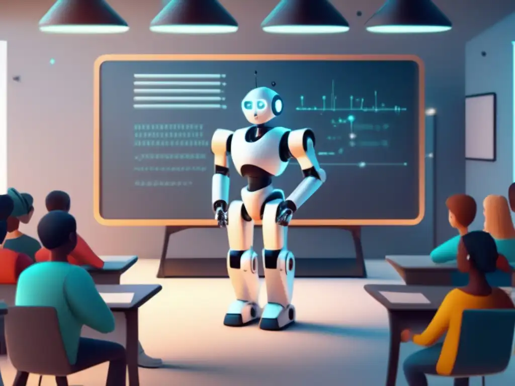 Impacto IA en educación: aula futurista, robot maestro interactúa con estudiantes, potencia aprendizaje y ambiente dinámico