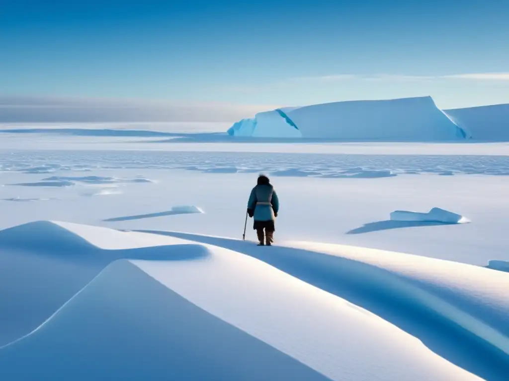 Tecnologías antiguas de los Inuit en el Ártico: paisaje congelado, cazador Inuit pescando en el hielo