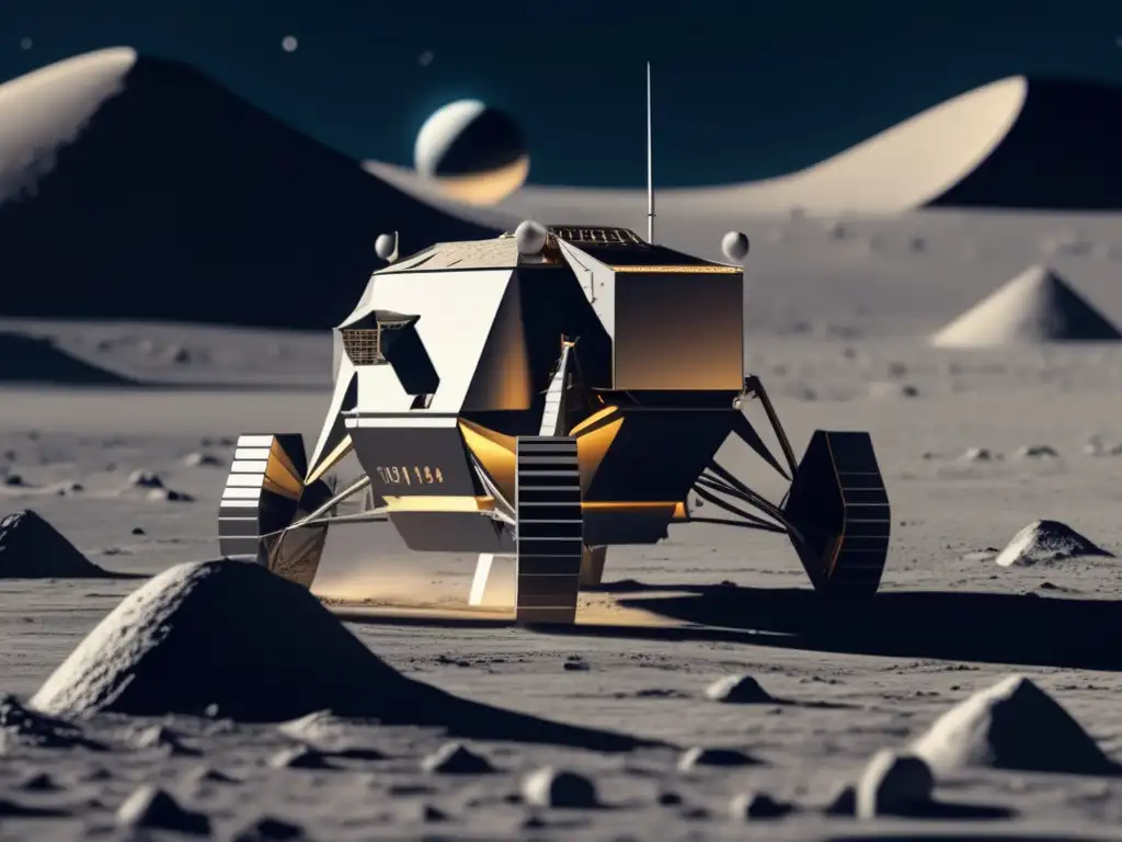 Avances tecnológicos en la conquista lunar: Lander futurista en la luna con estrellas brillantes