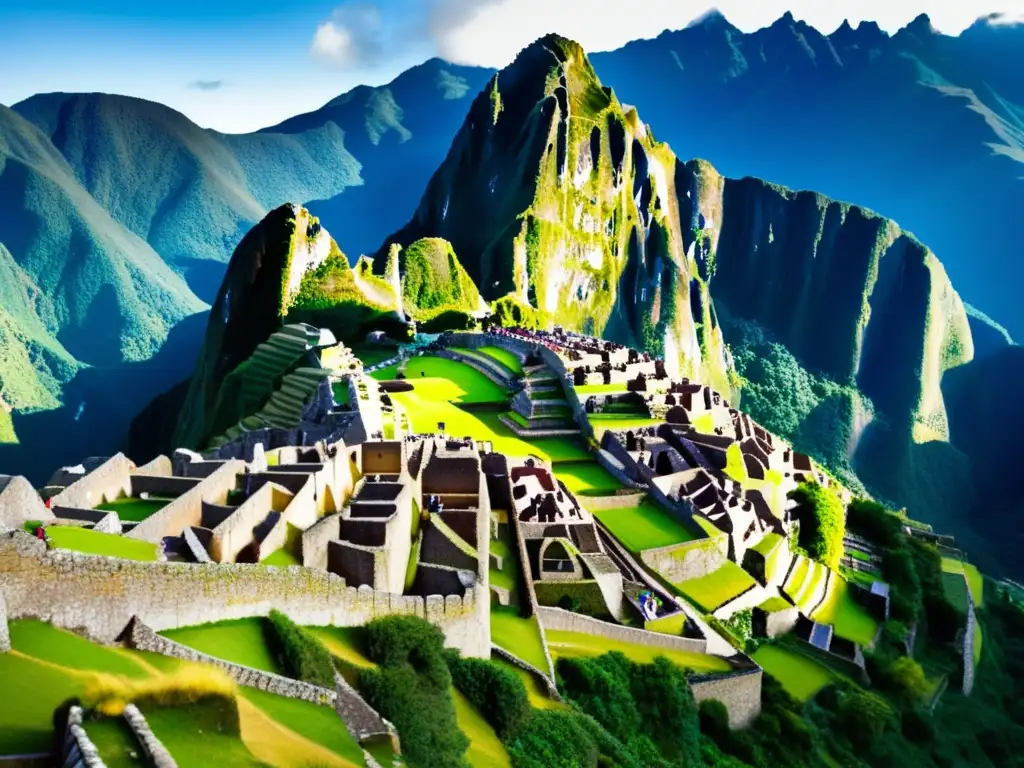 Impacto tecnológico en la arquitectura Inca: Machu Picchu en los Andes, con terrazas verdes y construcciones de piedra impresionantes