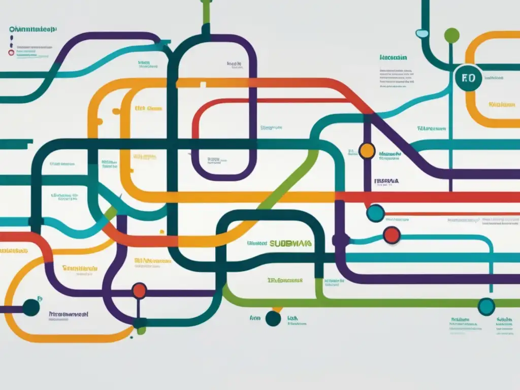 Evolución transporte subterráneo mundial, mapa abstracto de metro interconectado en colores vibrantes