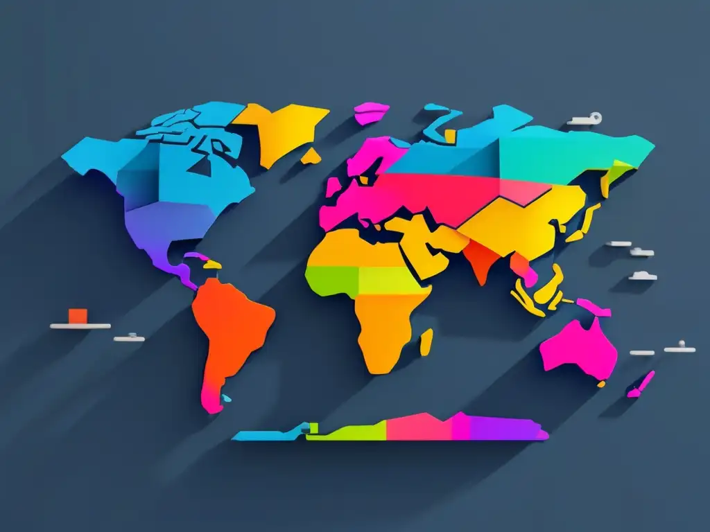 Mapa mundial simplificado en estilo minimalista, con continentes representados como formas geométricas coloridas