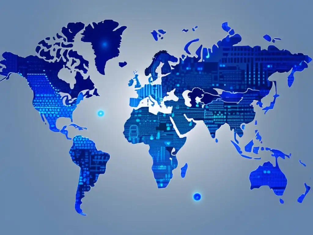 Influencia de la geopolítica en tecnología de seguridad: mapa mundial azul y gris con circuitos integrados