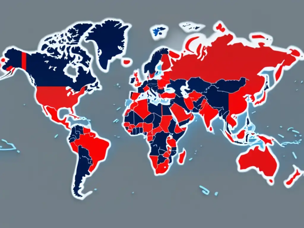 Mapa mundo en gris con líneas rojas y azules que representan la Guerra Fría y avances tecnológicos (110 caracteres)