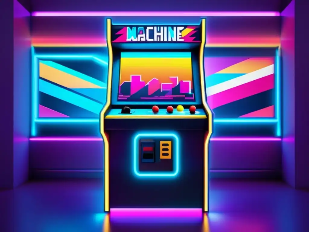 Evolución de los videojuegos Arcade: Retrato nostálgico de una máquina retro en una habitación iluminada, con arte abstracto y colores vibrantes