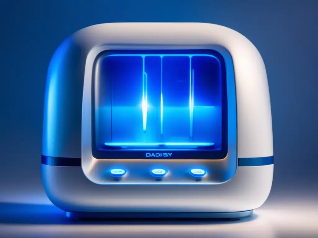 Tecnologías de diálisis renal a lo largo de la historia: Máquina de diálisis futurista y minimalista en tonos azul y blanco