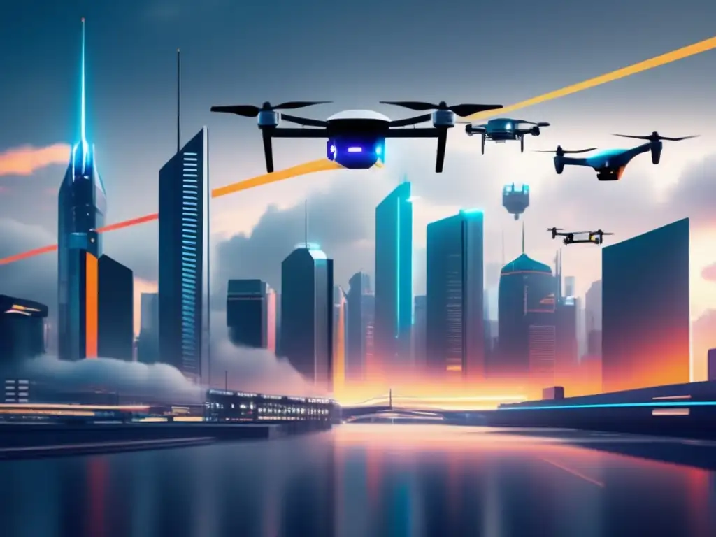 Drones de transporte: revolución tecnológica actual en futurista ciudad con edificios angulares y drones zumbando en el cielo