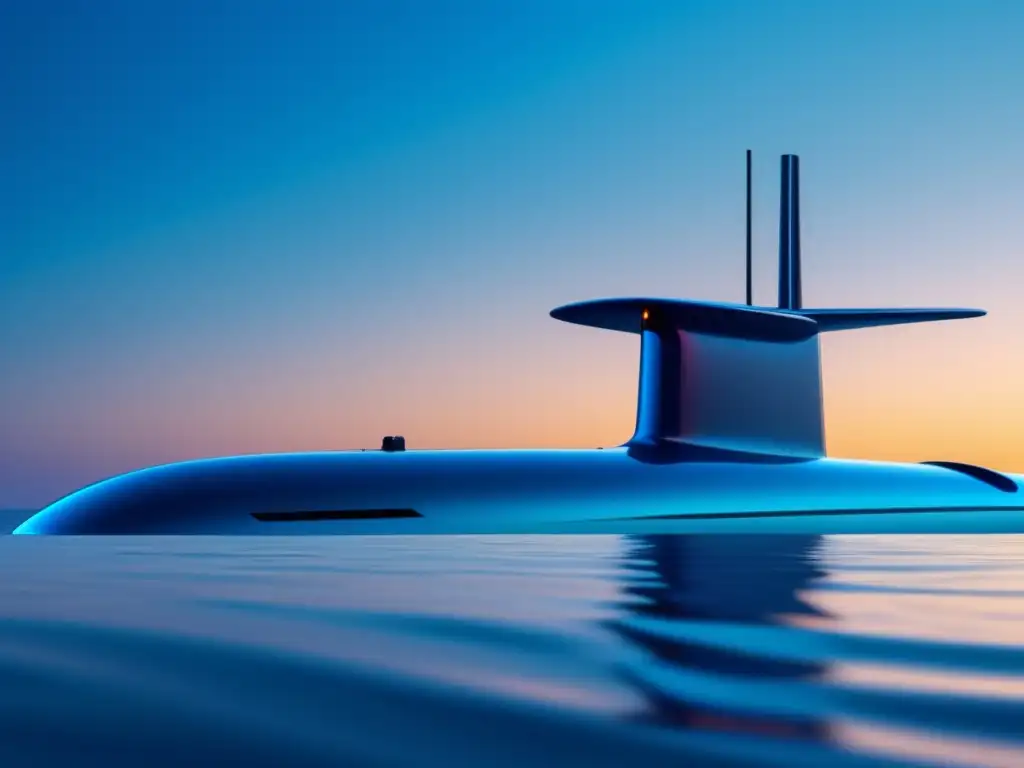 Tecnología para exploración marina profunda: Submarino minimalista se desliza en un mar azul profundo, iluminado por rayos de luz surrealistas