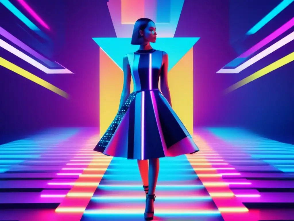 Tecnología y moda contemporánea en una imagen abstracta de un vestido futurista con patrones pixelados y colores neón