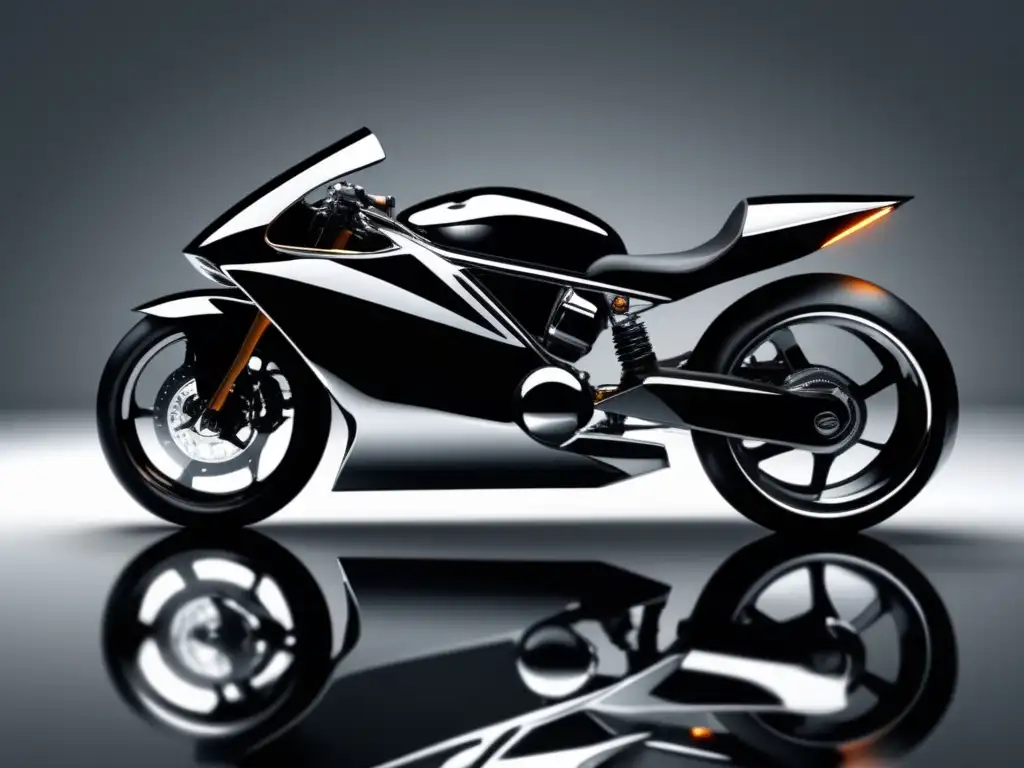Motocicleta futurista sobre superficie reflectante Evolución tecnológica de motocicletas modernas: imagen minimalista y abstracta de una moto futurista en una superficie reflectante