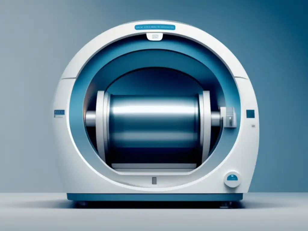 Evolución de la resonancia magnética: máquina minimalista y abstracta, líneas limpias y tonos suaves que transmiten innovación y modernidad