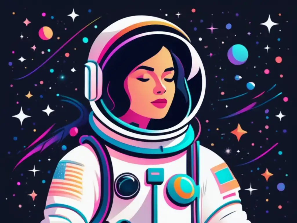 Evolución de la tecnología espacial: Astronauta flotando en el espacio, simbolizando igualdad de género y contribuciones de mujeres