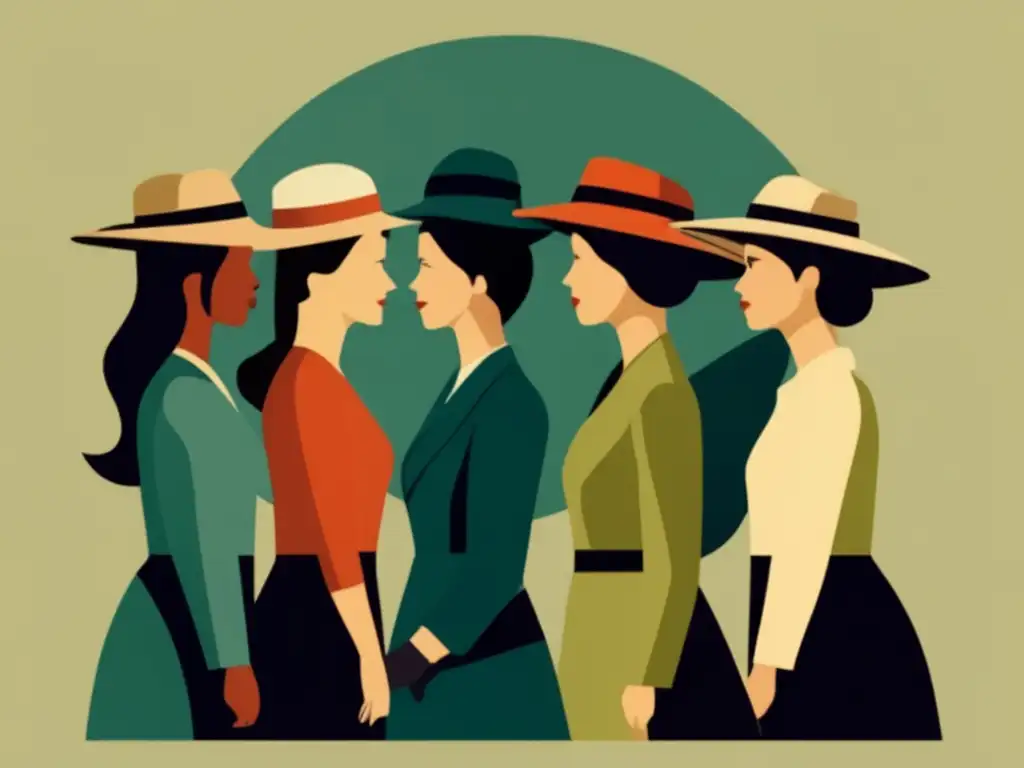 Importancia mujeres Bletchley Park: Mujeres colaborando con diferentes roles usando sombreros en imagen abstracta tranquilizadora