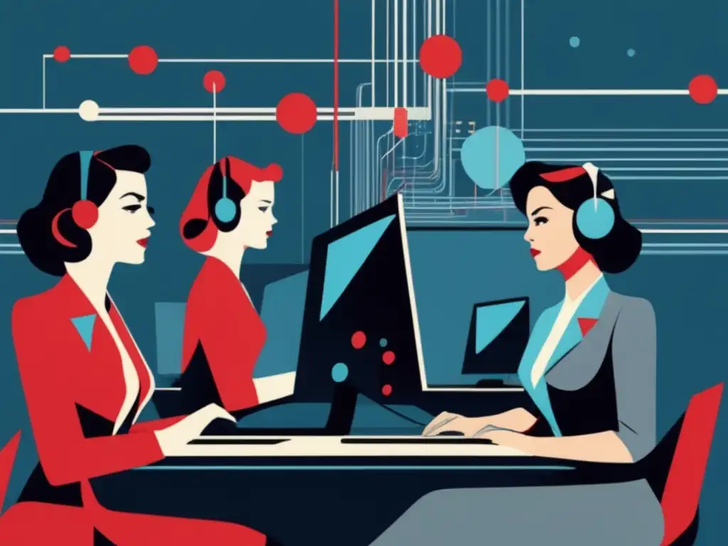 Herramientas tecnológicas del proyecto Manhattan con mujeres programadoras en 1940s, simbolizando el avance revolucionario