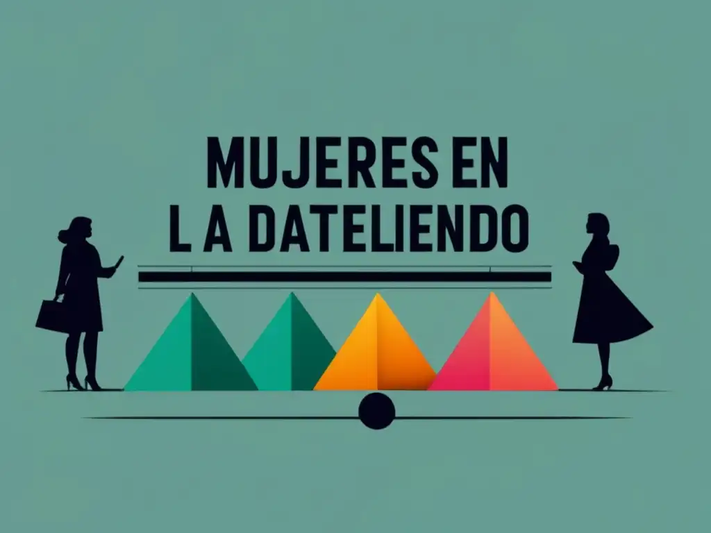 Imagen: Mujeres en la ciencia de datos: Avances y desafíos - Representación abstracta de la discriminación y estereotipos de género en la ciencia de datos, con silueta de mujer rompiendo barreras y visualizaciones de datos