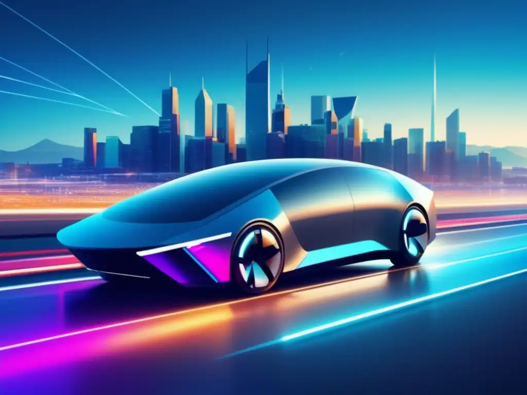 Futuro de movilidad Beneficios de nanotecnología en movilidad: vehículo futurista y ciudad minimalista con partículas de nanotecnología