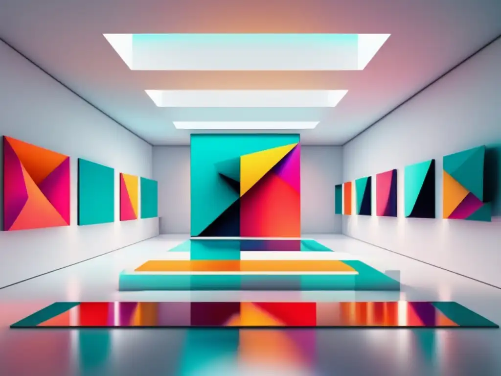 Impacto del arte digital en galerías: obra vibrante y abstracta en espacio blanco y moderno, con formas geométricas y colores contrastantes