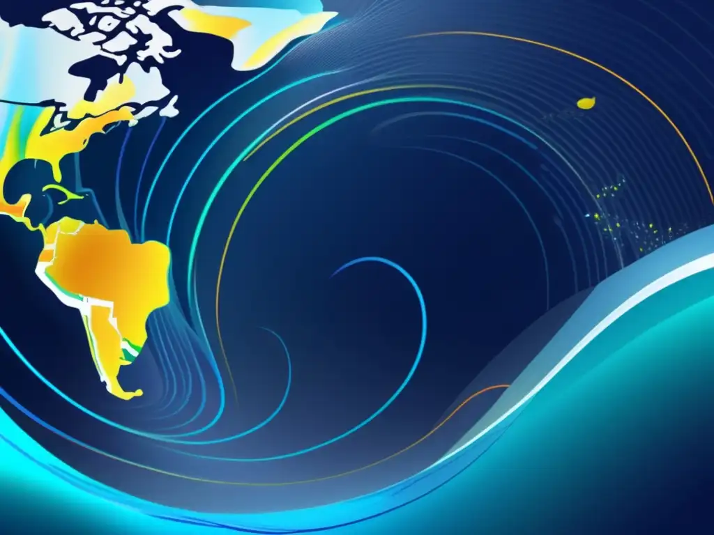 Impacto satélites observación oceánica: imagen abstracta y minimalista de los océanos desde el espacio, mostrando corrientes y variaciones de temperatura