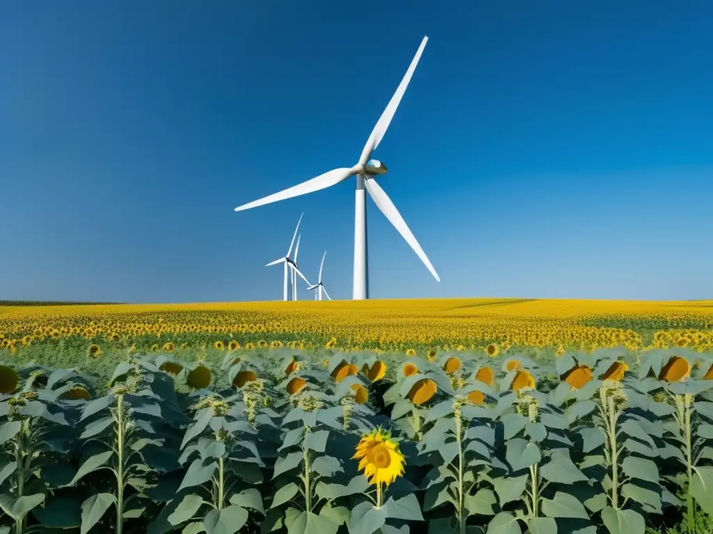 Energía verde: Turbina eólica y campos de girasoles, armonía entre tecnología y naturaleza