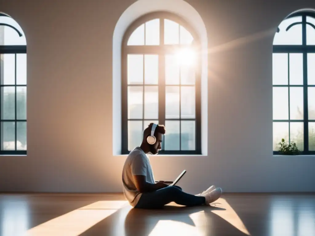 Impacto de la tecnología en la percepción, persona escuchando música o podcast en una habitación minimalista con ventana