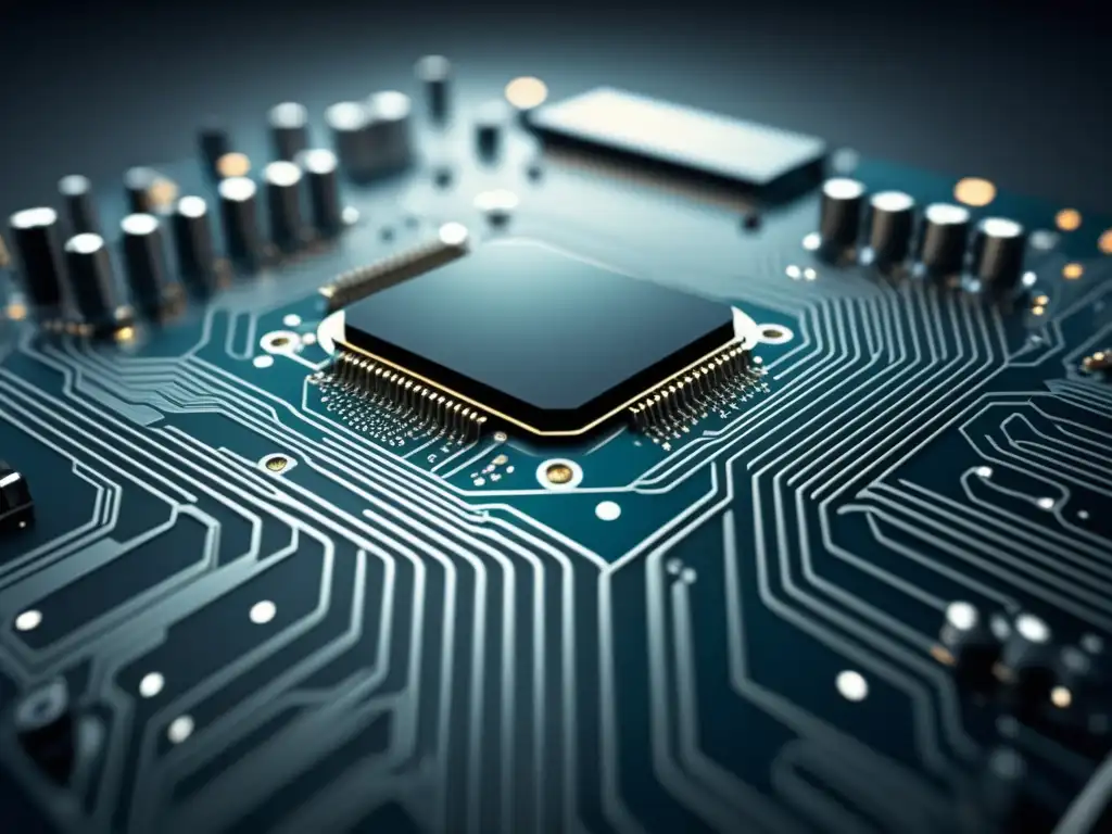 Evolución de la computación moderna: circuito abstracto con detalles intrincados y colores monótonos