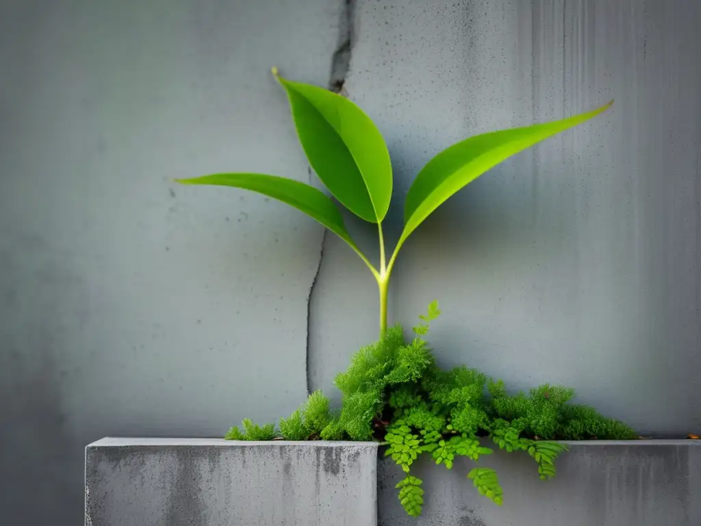 Planta verde emerge de pared de concreto: Tecnología sostenible para preservar el medio ambiente